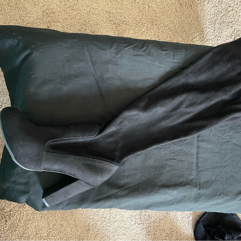 Black knee high suede boots with ties at thigh and gold zippers.